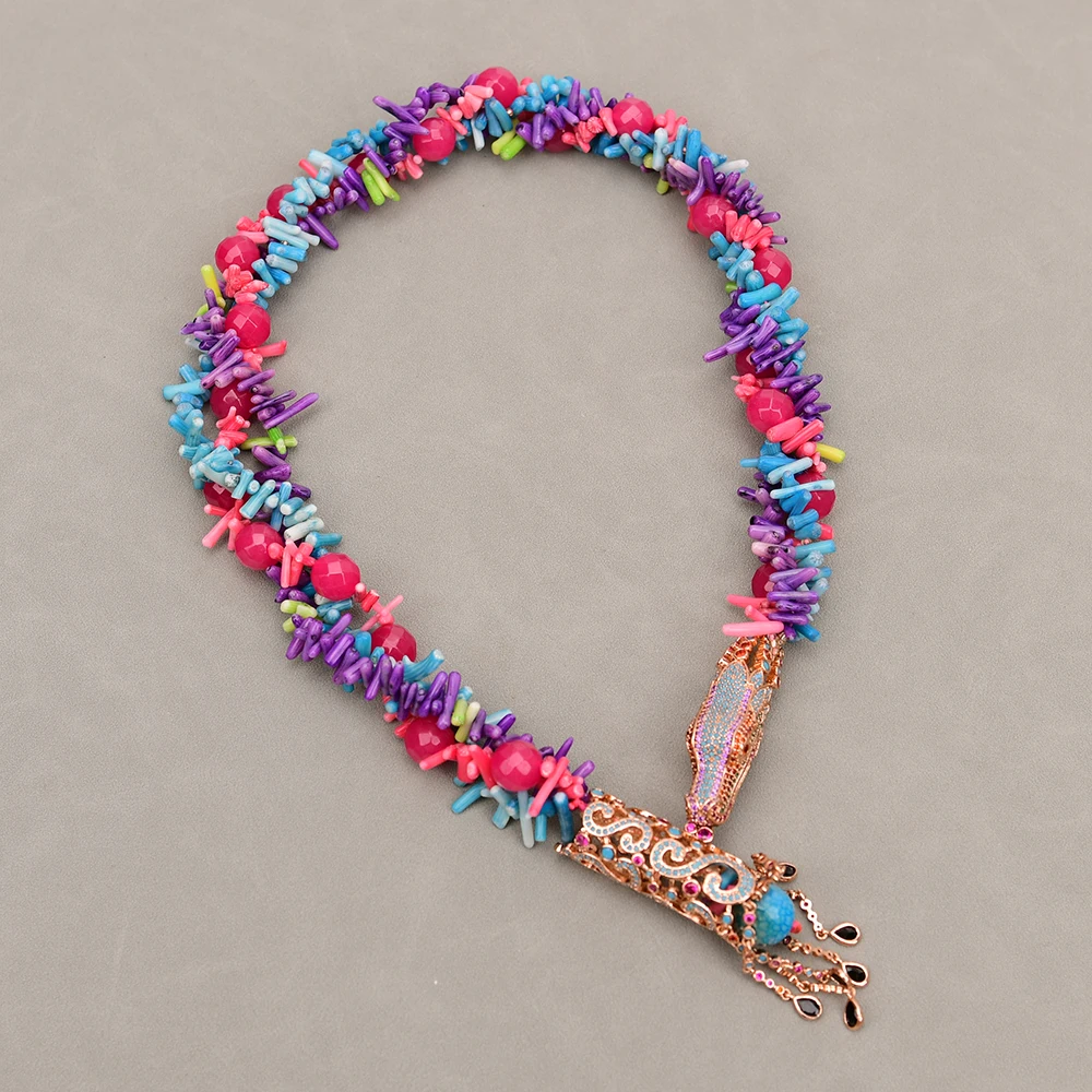 APDGG A110 Handmade 3 Rows Natural Mix Stone Coral Jade Multi Strands Necklace