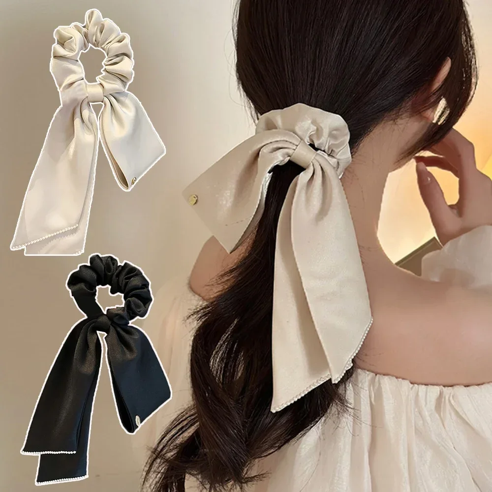 

French Pearl Edge Hair Rope Satin Ribbon Bow Scrunchies Ponytail Hair Scarf Tie Elastic Rubber Bands Hair Accessories