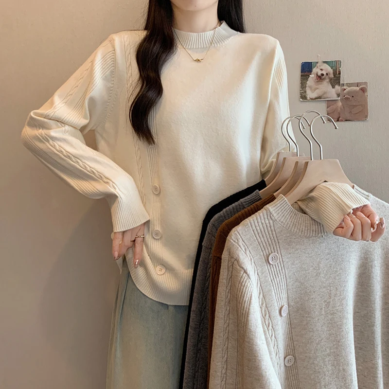 

Loose Knitted Sweater Women's Autumn Winter New Sle plus Size Lazy Sle f High Collar Boting irt with Decorative B...