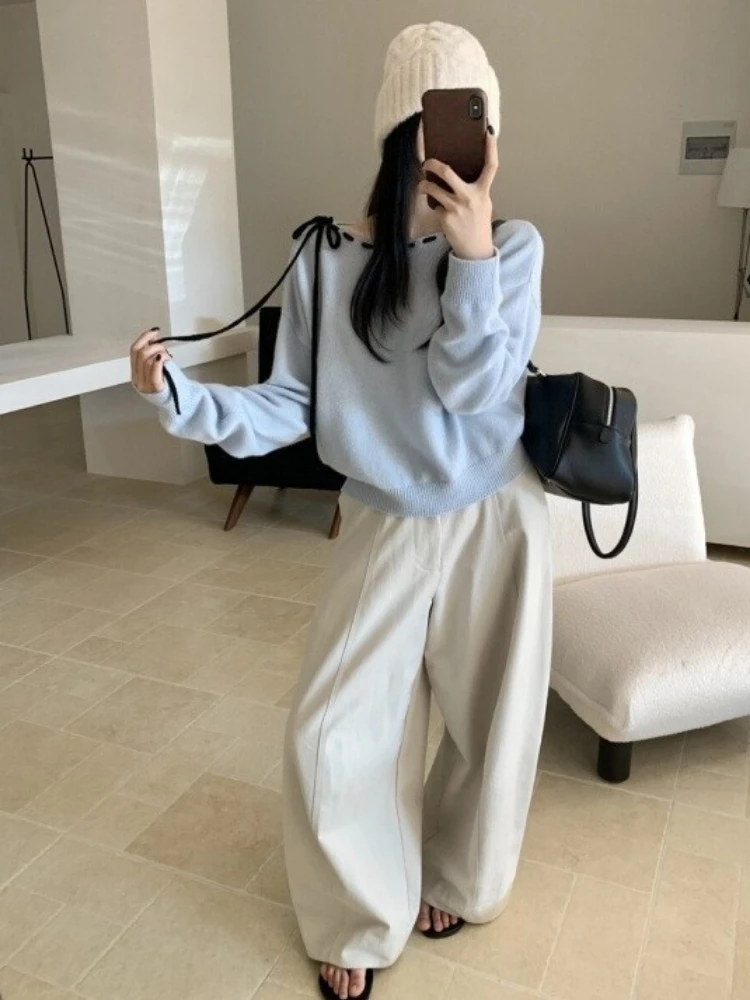 

Y2k вязаные пуловеры с разрезом на шее, женская одежда Sueter Mujer, универсальный джемпер с длинными рукавами, сексуальный модный однотонный свитер