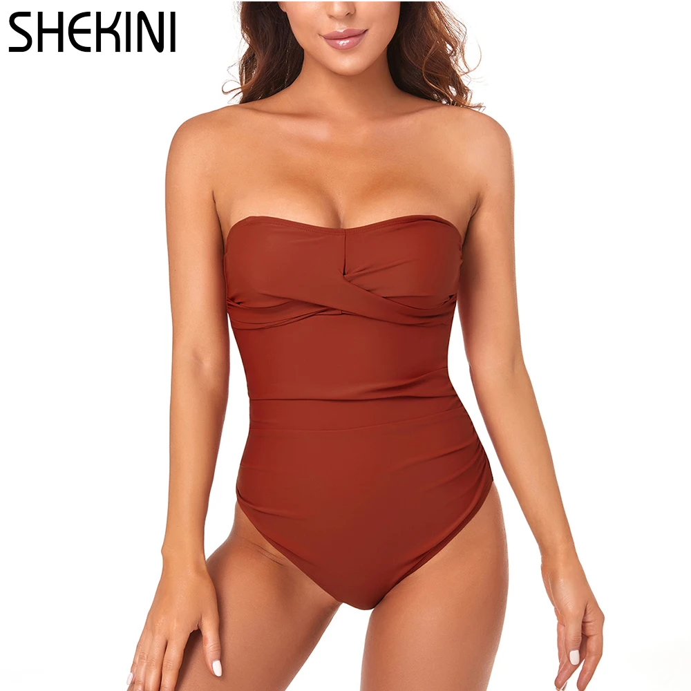 

SHEKINI Womens Strapless Bandeau On Piece Swimsuit Crossover Ruched Front Swimming Bikini Sexy 2023 Beach Bathing Suit Monokini