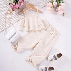 2024 Girls Solid Suits Suspenders Summer Sling Ruffles+Wide-Leg Trousers 2pcs Clothes Sets White Lovely Elegant Baby Outfits