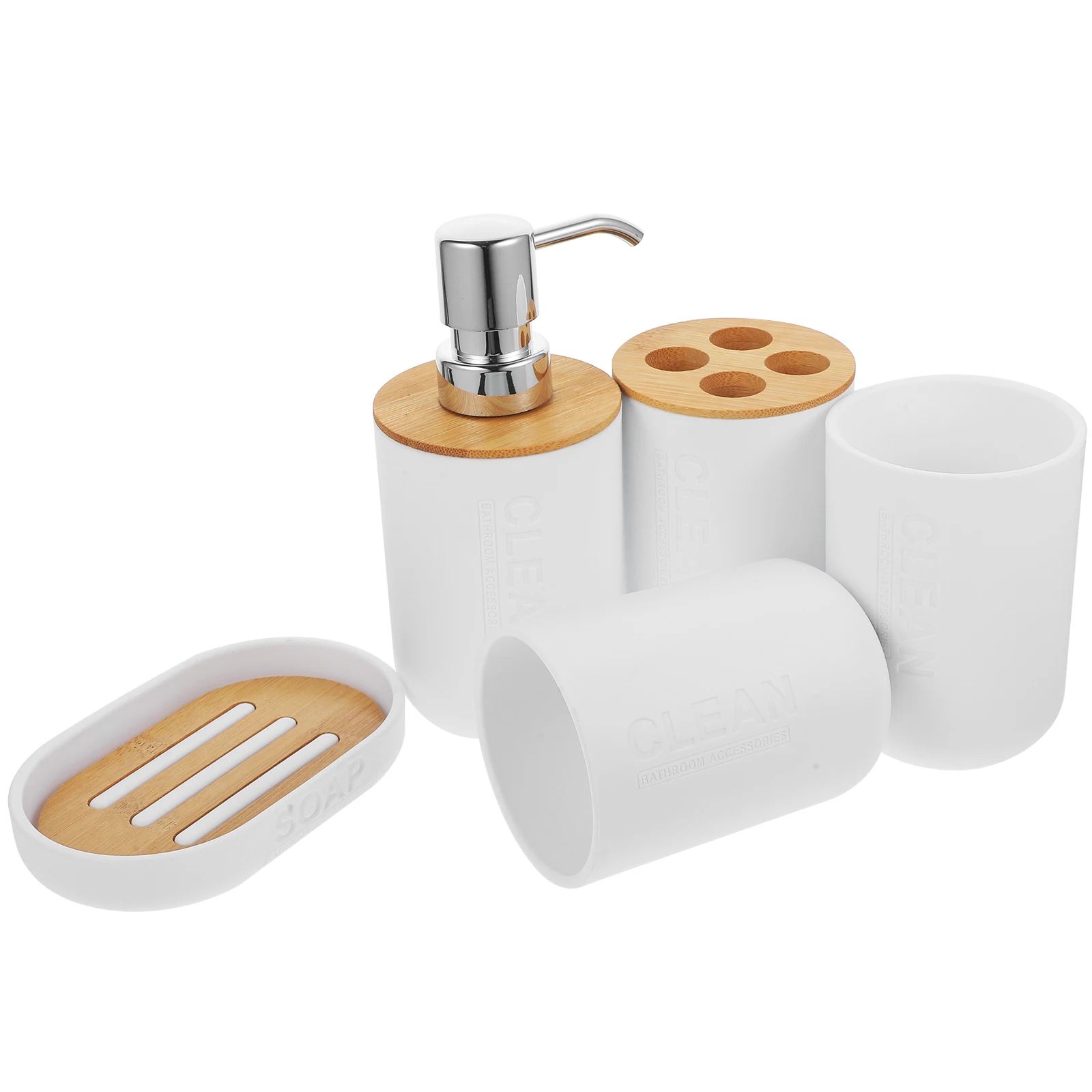 

Five Piece White Bathroom Accessories Set Soap Dish Dispenser Toothbrush Holder H Soap Shampoo Dispenser Storage Container