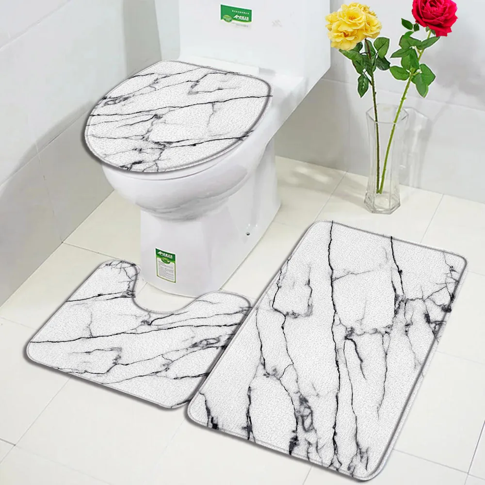 Black Marble Bath Mats Sets Gold Grey Lines Creative Abstract Geometric Art Home Bathroom Decor Rugs Anti-Slip Toilet Lid Cover