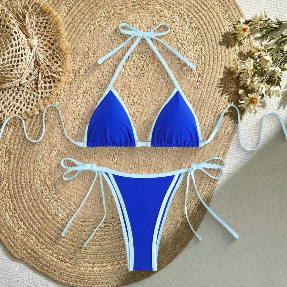Sexy Lace-up Swimsuit 2Pcs/Set Women Bikini Set Halter Neck Chest Pads Bra Lace-up Briefs Set Patchwork Color Sexy Beachwear