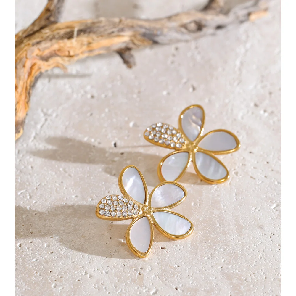 Yhpup Stainless Steel Flower Stud Earrings for Women Shell CZ Zirconia Floral Prom Party Jewelry Accessories