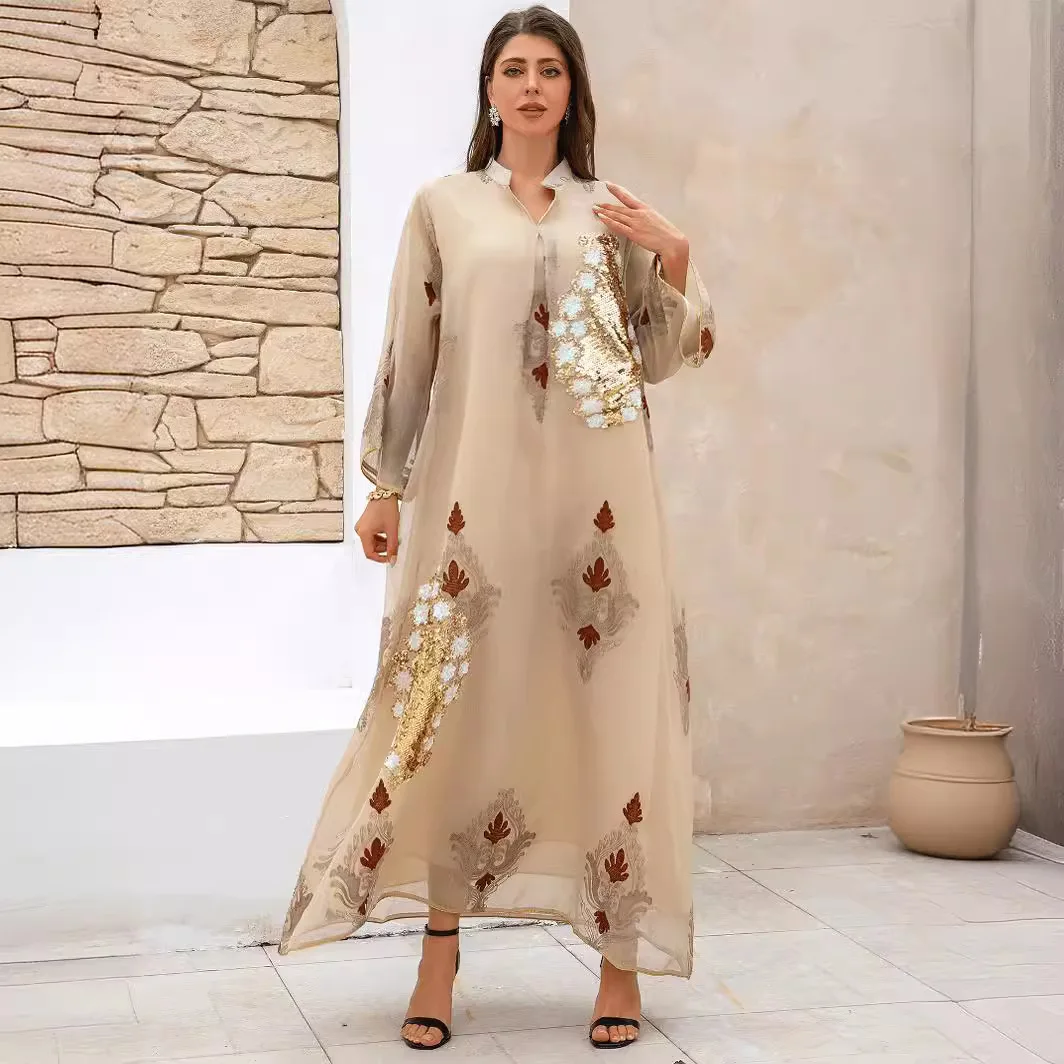 

2025 New Women's Robe Muslim Embroidered Long Sleeve Dress Party Dress-up Clothing Women's Stage Performance Costume Accessories