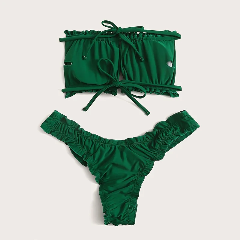 Sexy Green Wrinkled Ruffles Bandeau Bikinis Sets Two Pieces Plain Swimsuits Beachwear Bathing Suit Swimwear Biquini Trikini