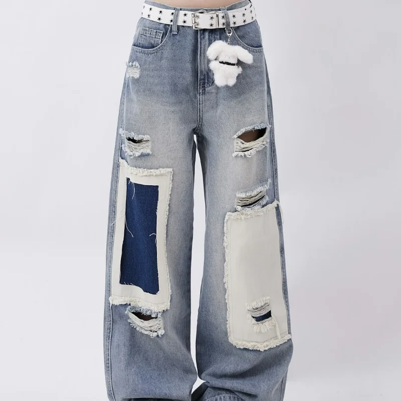 Women Patched Oversized Hole Jeans Spring Summer Hip Hop Pants High Street Trend Design Loose Straight Wide Leg Trousers WJ681