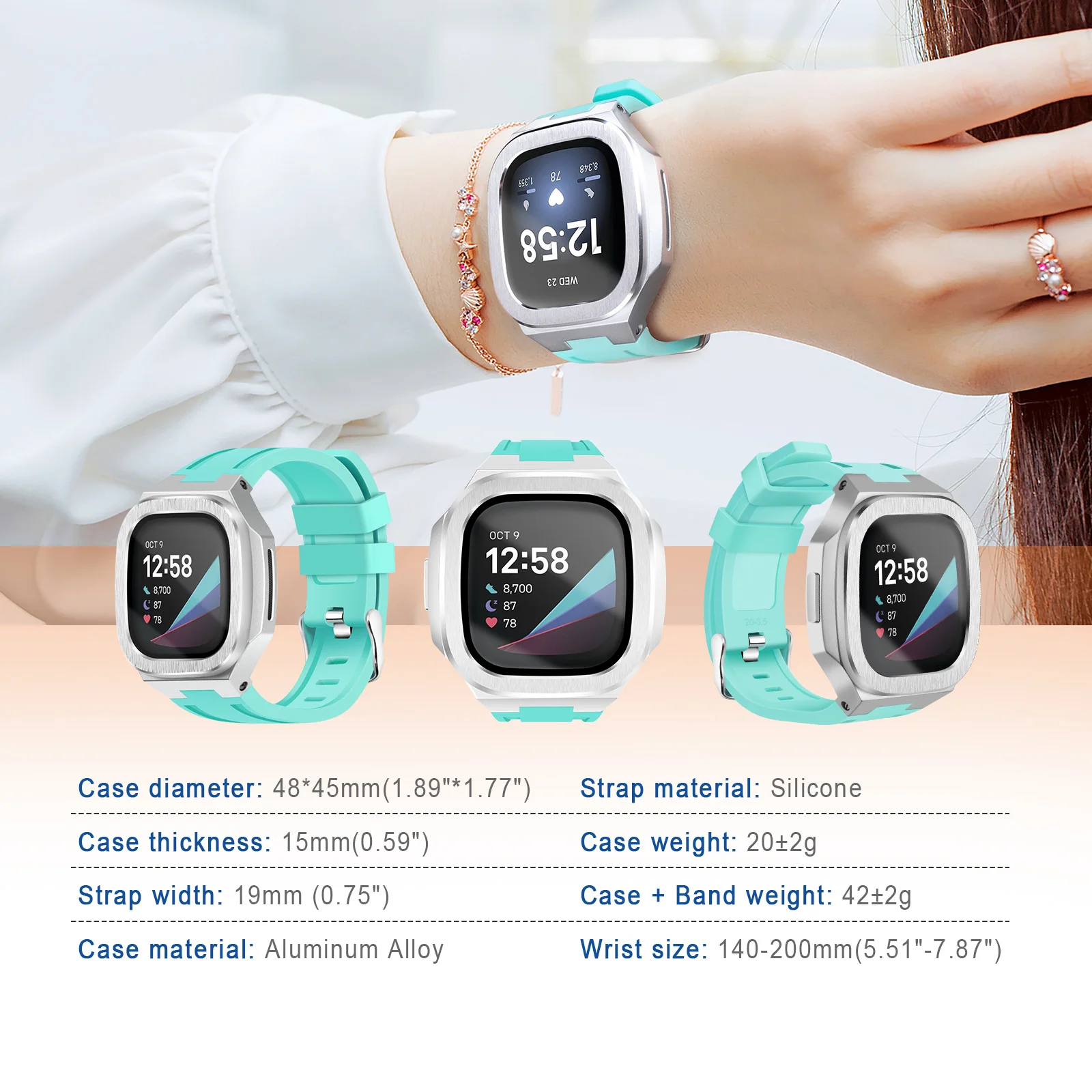حافظة ساعة ذكية لـ Fitbit Versa 3 4/ Fitbit Sense 2 واقي شاشة زجاجي رفيع للغاية حزام رياضي لـ Fitbit Versa 3/Sense