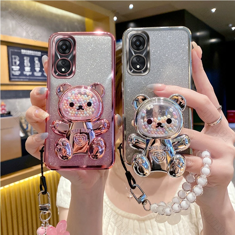 A 58 A 78 Flower Strap Bear Phone Holder Case On For Oppo A58 A58X A78 4G 5G OppoA58 OppoA58X OppoA78 Stand Cover