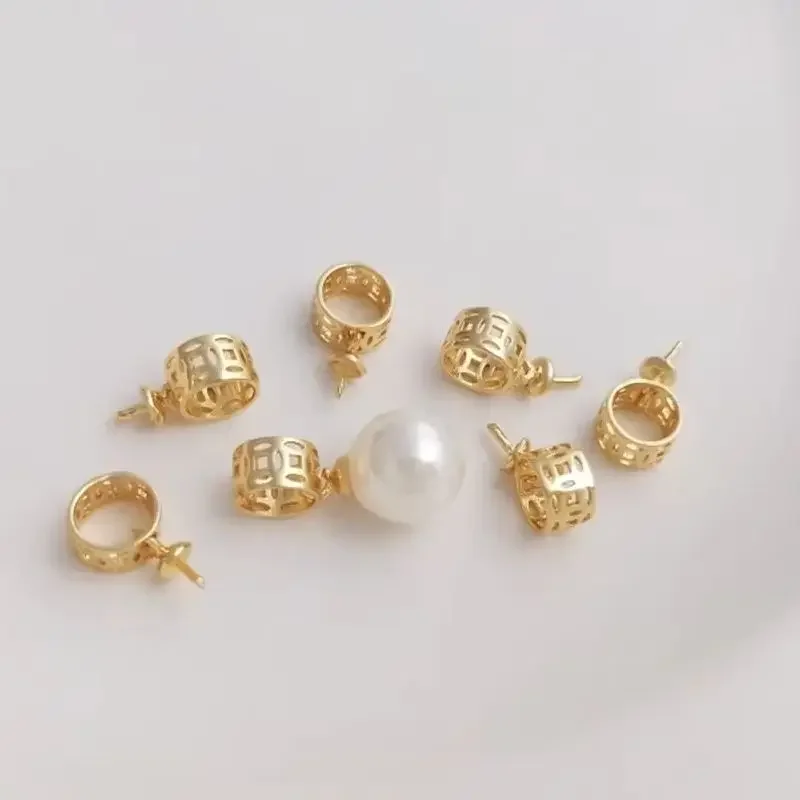 14K Gold-plated Hollowed Out Copper Coin Circular Ring with Sheep Eye Holder Pendant DIY Handmade Crystal Jade Pearl Holder C098
