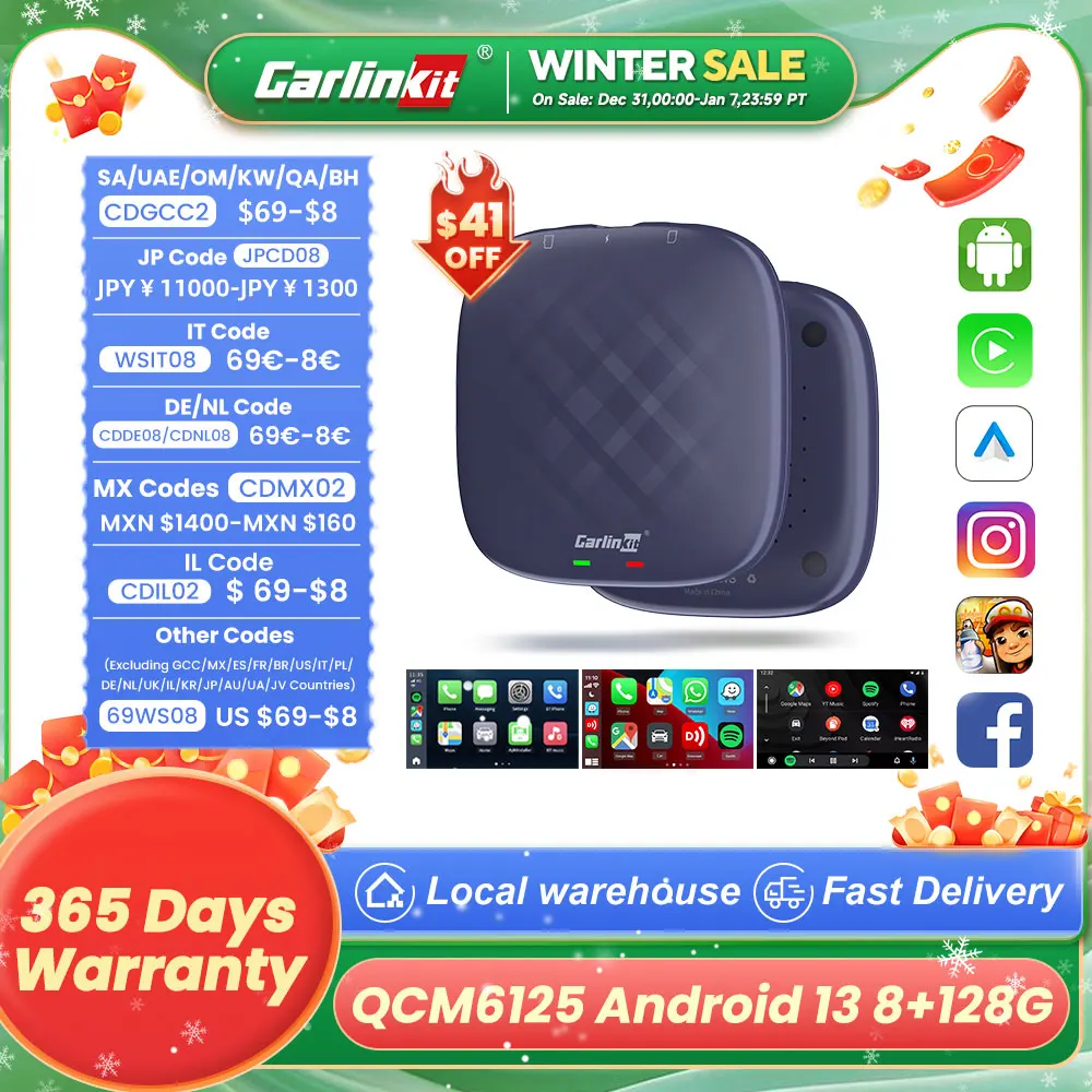 CarlinKit 무선 카플레이 Ai TV 박스, 안드로이드 13, QCM6125, 자동 4G LTE 스마트 카플레이 스트리밍 박스, 8G 128G FOTA