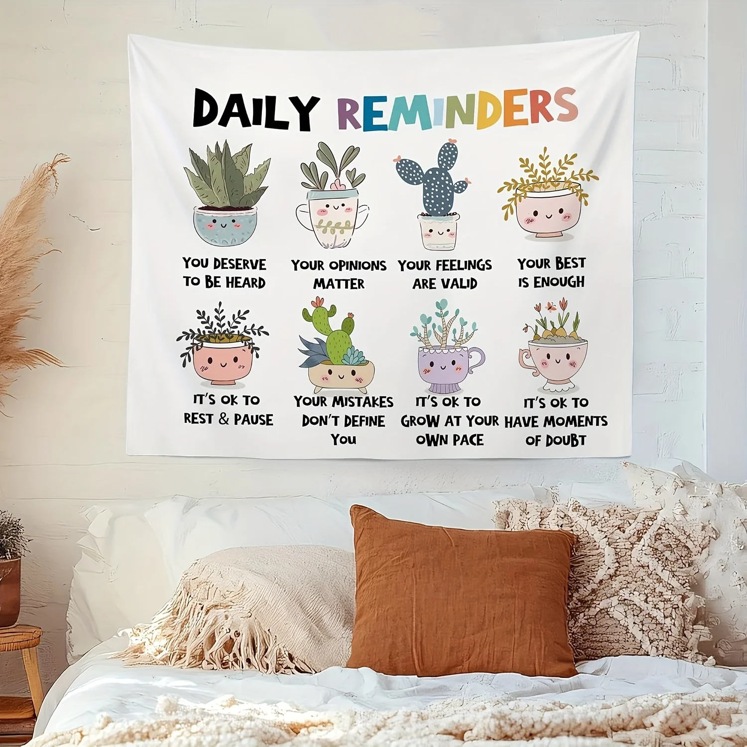 Mental Health Inspirational Wall Tapestry with Cute Cacti & Succulents - Positive Affirmations Daily Reminders for Kids, Classro