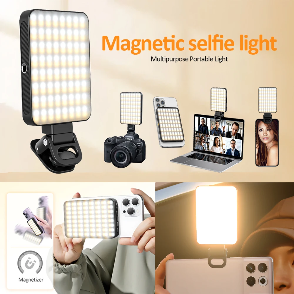 

128Leds Magnetic Selfie Light 3 Modes Rechargeable Portable Fill Lamp For Video Conference Lighting with Clip&Magnetizer ring