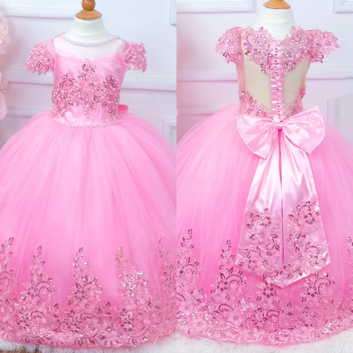 

Customized Flower Girl Dress for Wedding Light Pink Lace Appliqued Princess Birthday Party Prom Children Gown
