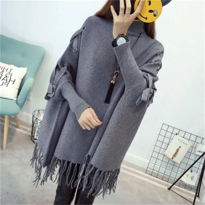 

Women Cloak Sweater Drawstring Solid Casual Loose Batwing Sleeve Knitted Cape Pullover Spring Autumn Tassel Ladies Jumper Poncho