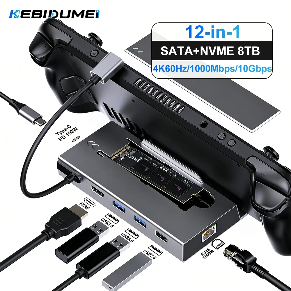 KEBIDUMEI 7-in-1 USB-C Dockingstation für Steam Deck NVMe SSD-Gehäuse Typ-C zu 4K60Hz HDMI 100W PD Gigabit Ethernet Adapter