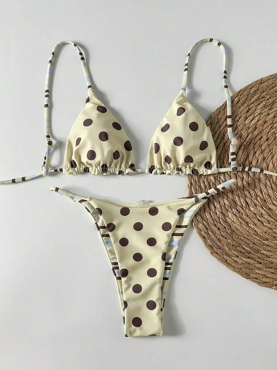 

Womens Polka Dot And Striped Reversible Bikini Set Bohemian Style Beach Swimwear Summer