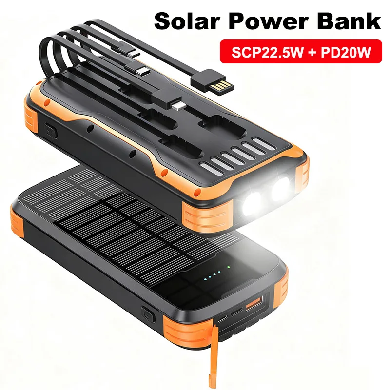 

20000mAh Solar Power Bank Built in Cables 22.5W Fast Charging Portable Charger External Battery for iPhone Samsung Xiaomi Huawei