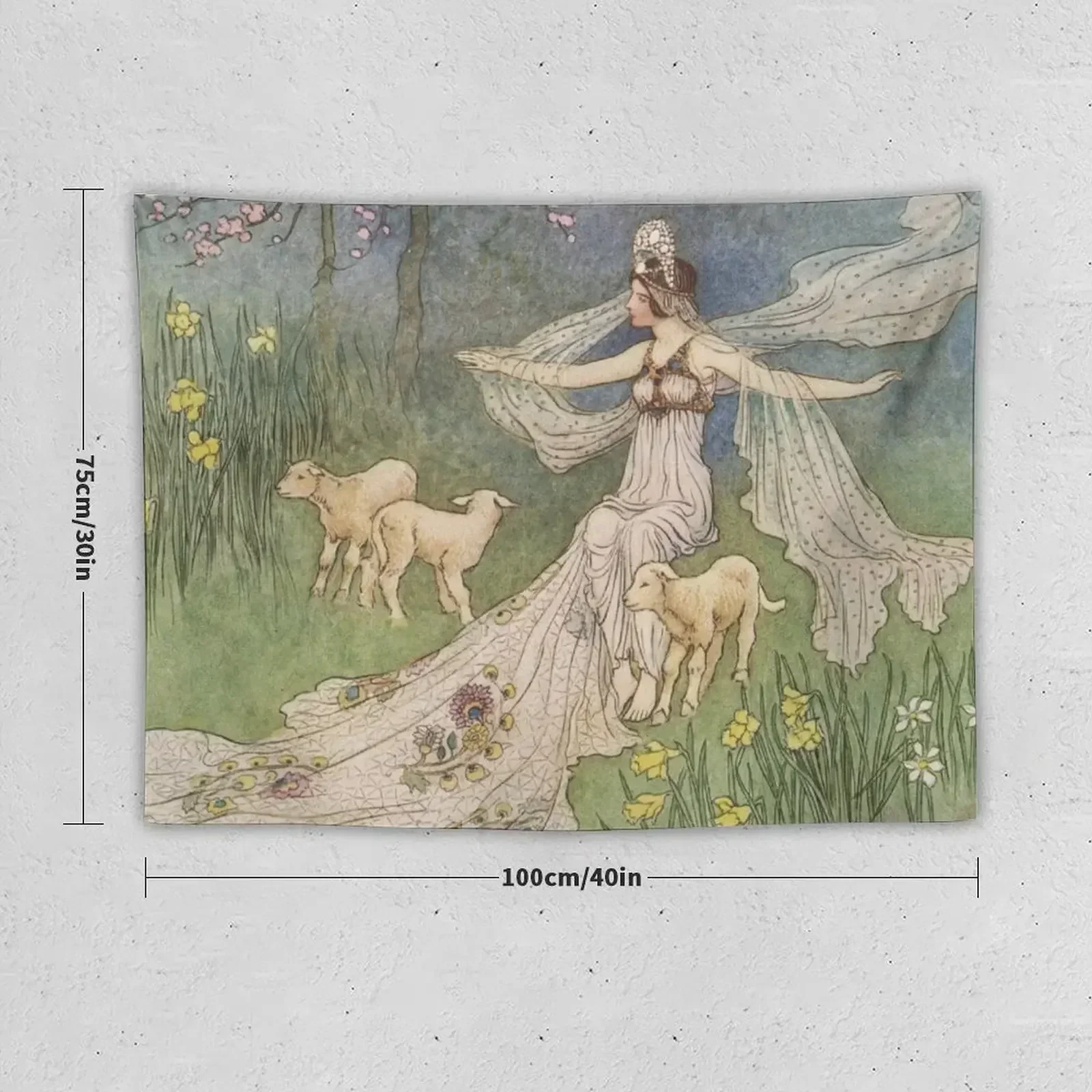 Goddess of Springtime with lambs vintage illustration - Warwick Goble Tapestry Aesthetic Room Decors Tapestry