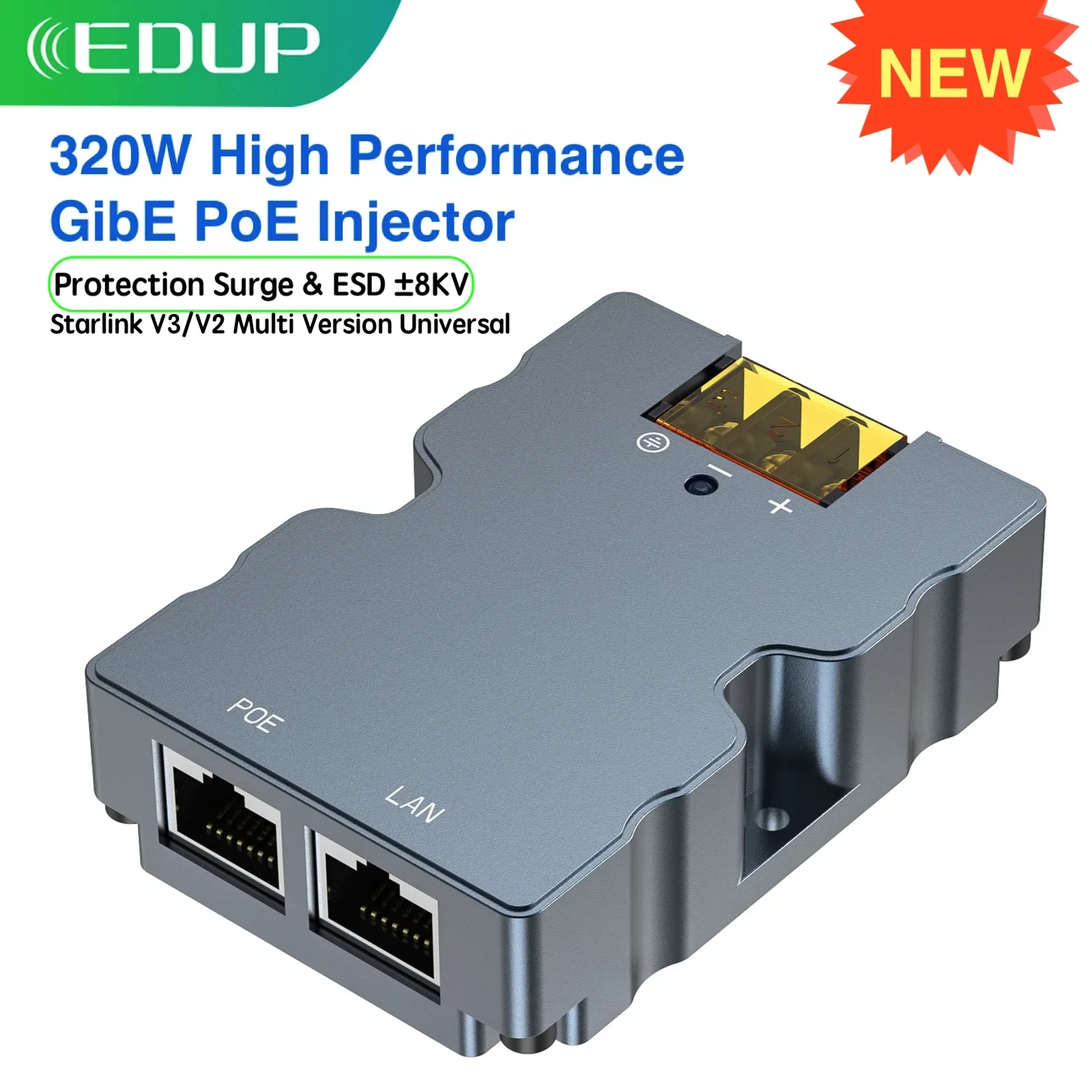 EDUP 320W PoE Injector 8KV Surge and ESD Protection Aluminum Case for Starlink High Performance Dishy Standard Actuated or Gen 3