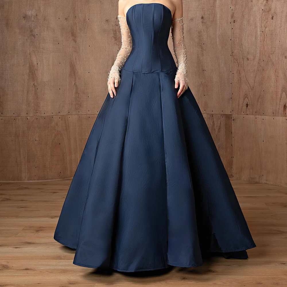 

Customized Fashion Satin Detachable Sleeve Evening Dress Modern Strapless A-Line Long Sleeves Floor Length Vestidos De Fiesta