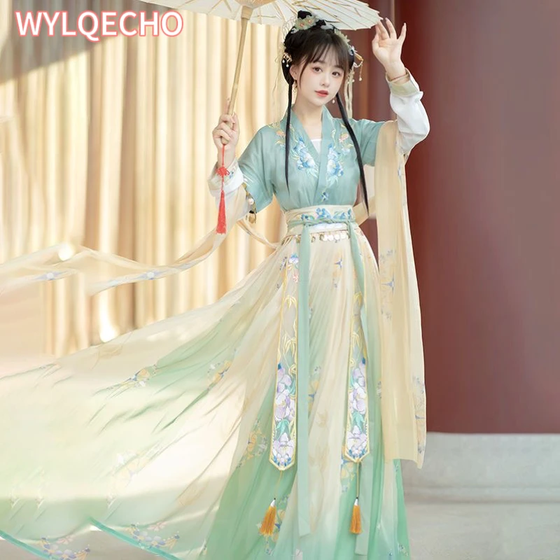 중국 Hanfu 드레스 여성 고대 전통 Hanfu 세트 카니발 요정 코스프레 의상 보라색 파란색 녹색 Hanfu 댄스 드레스