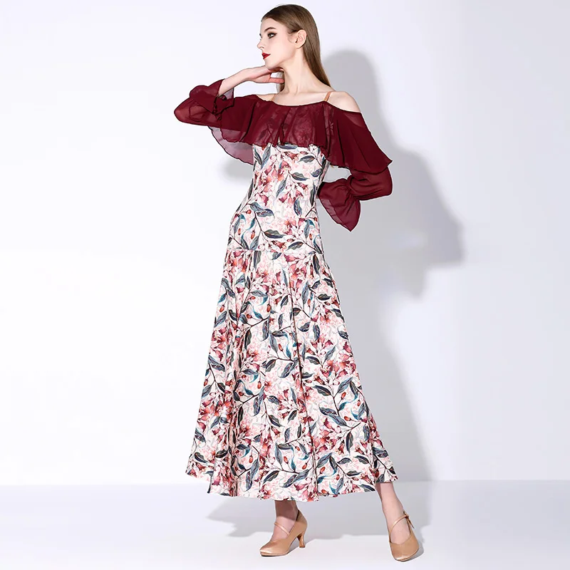 

ballroom dress yellow flower print dance dresses blue waltz dress women long sleeve dresses 883