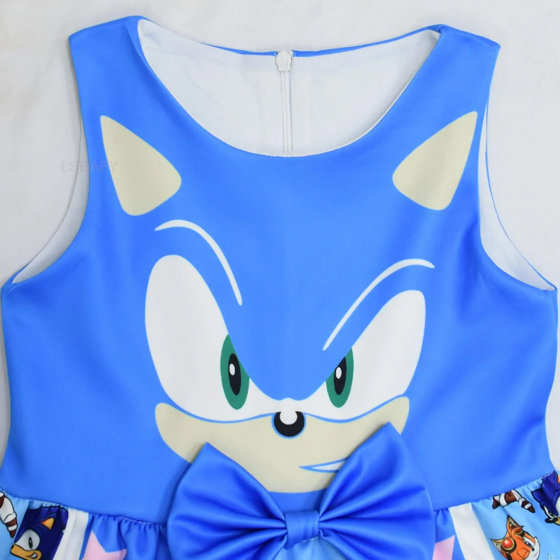 Meninas Cartoon SONIC RACING Cosplay Vestido, Vestido de Princesa Sem Mangas, Azul, Vermelho, Laço Amarelo, Christmas Carnival Party