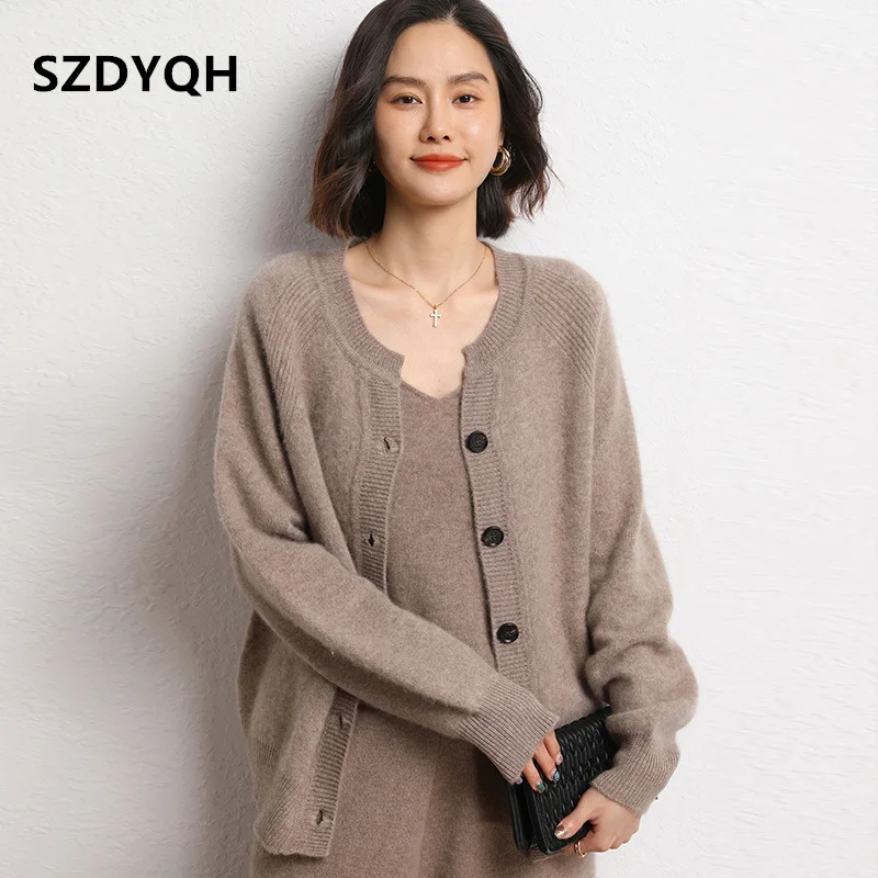 2023 Hot Sales Autumn Women\'s Cardigan 100% Cashmere Knitted Sweater  Tops Coat Casual O-Neck Loose Large Size Shirt Spring