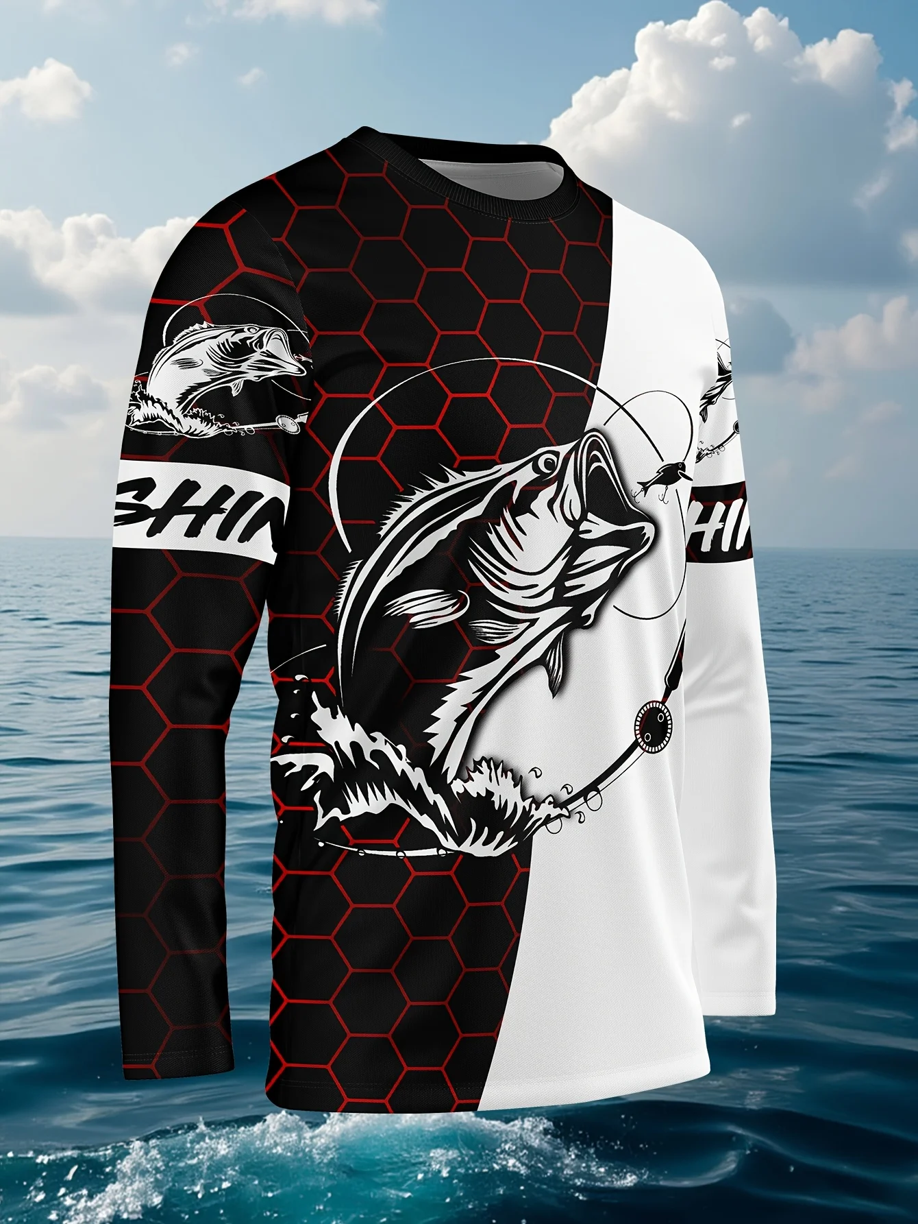 الرجال طويلة الأكمام جولة الرقبة تي شيرت فستان الصيد الصيد طباعة نمط التجفيف السريع تنفس الصيد الدراجات سترة رياضية علوية #1