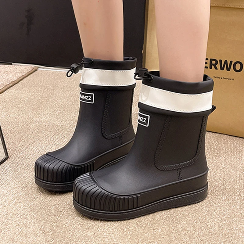 Women's Fashionable Drawstring Waterproof Shoes Thick Soles Short-tube Boots Non-slip and Wear-resistant Gardening Rubber Shoes