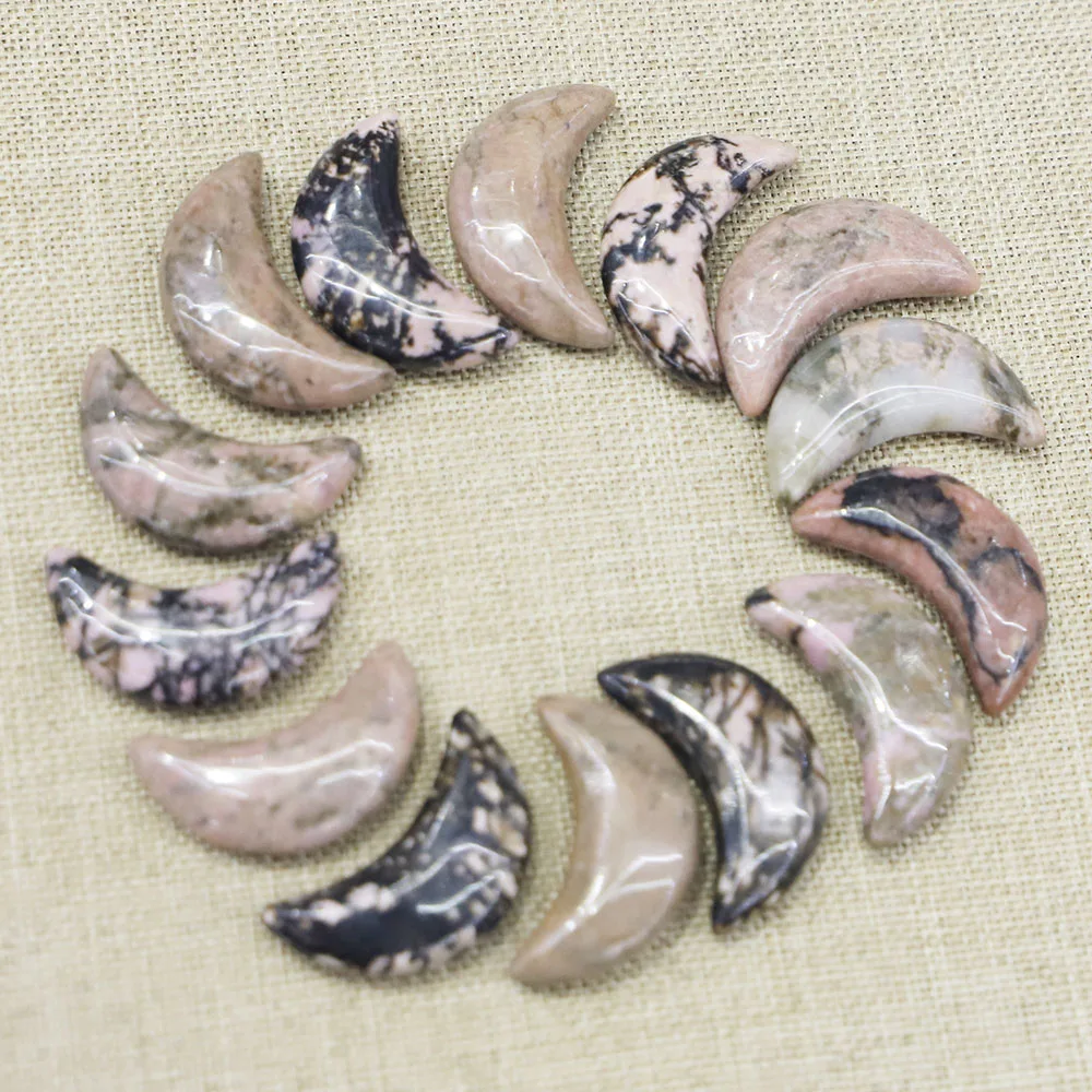 Natural Rhodonite Stone Moon Shaped Gemstone Home Ornament Decor Craft Gift Necklace Pendant Jewelry Accessories Wholesale 12Pcs