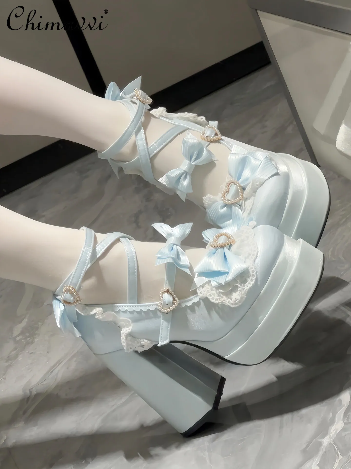 

New 2026 Original Lolita Double-platform Sweet Bow Heels Spring Autumn Cute Girls Princess Mary Jane Elegant High Heel Pumps