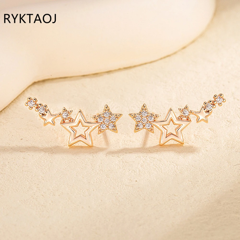 925 Sterling Silver Star Climber Stud Earrings for Women Multi‑Star Pave CZ Crawler Earrings Rose Gold Fashion Fine Jewelry Gift