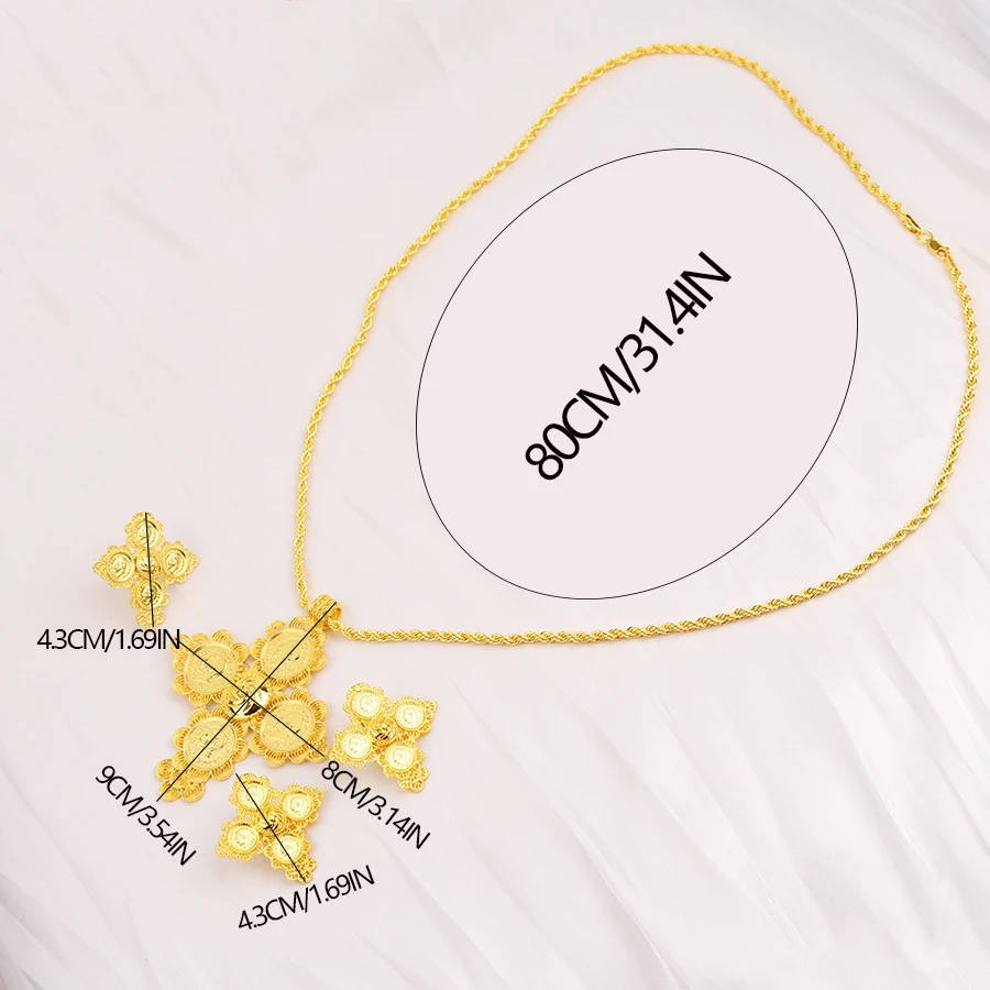 4pc pack Golden Cross Ethiopian Necklace Earrings Rings African Party  Jewelry Set Women Girls Eritrean Habesha Accessories