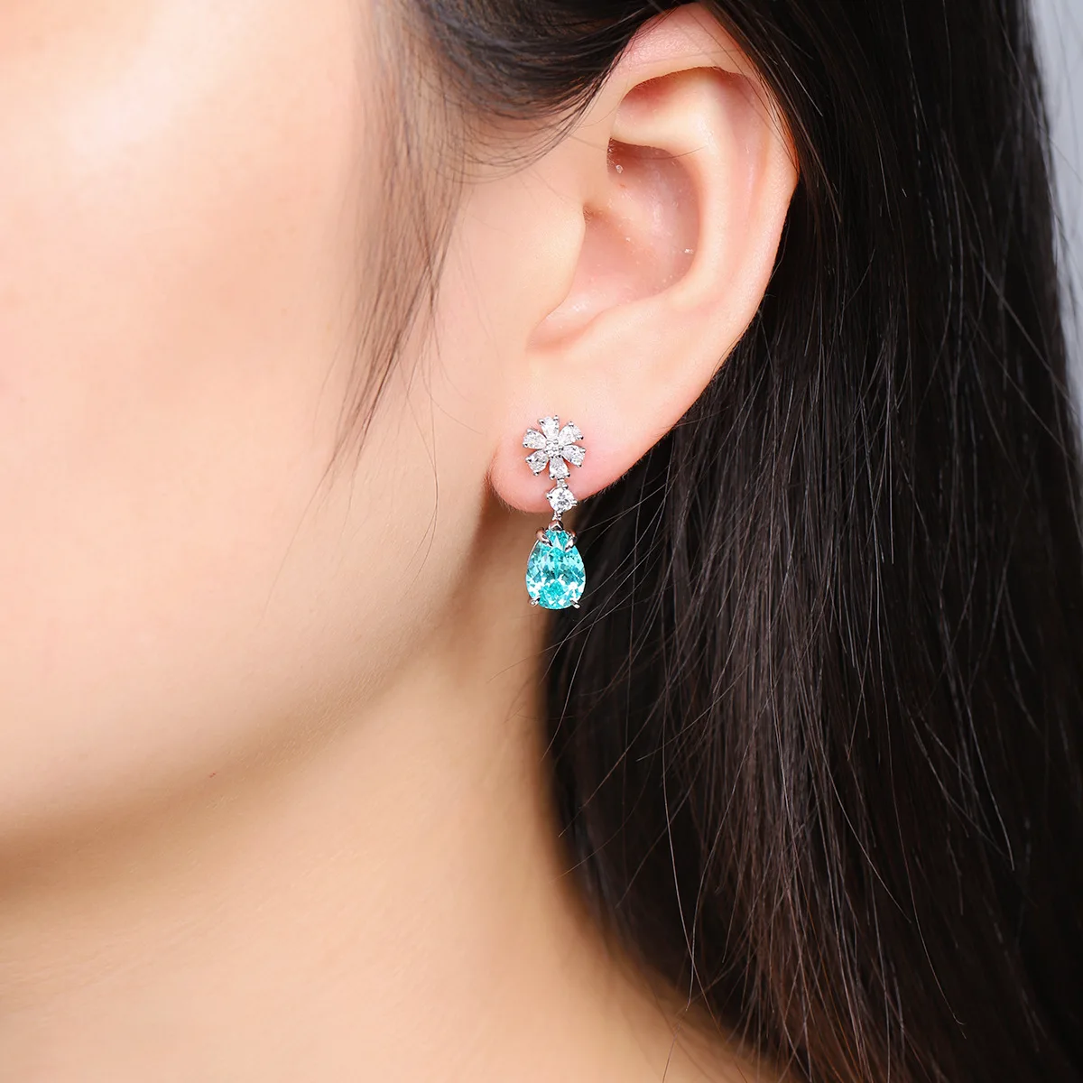 Floral Zircon Top Drop Earrings S925 Silver Pear 7*10mm Lab Created Paraiba Color YAG Wedding Party Dangle Earring