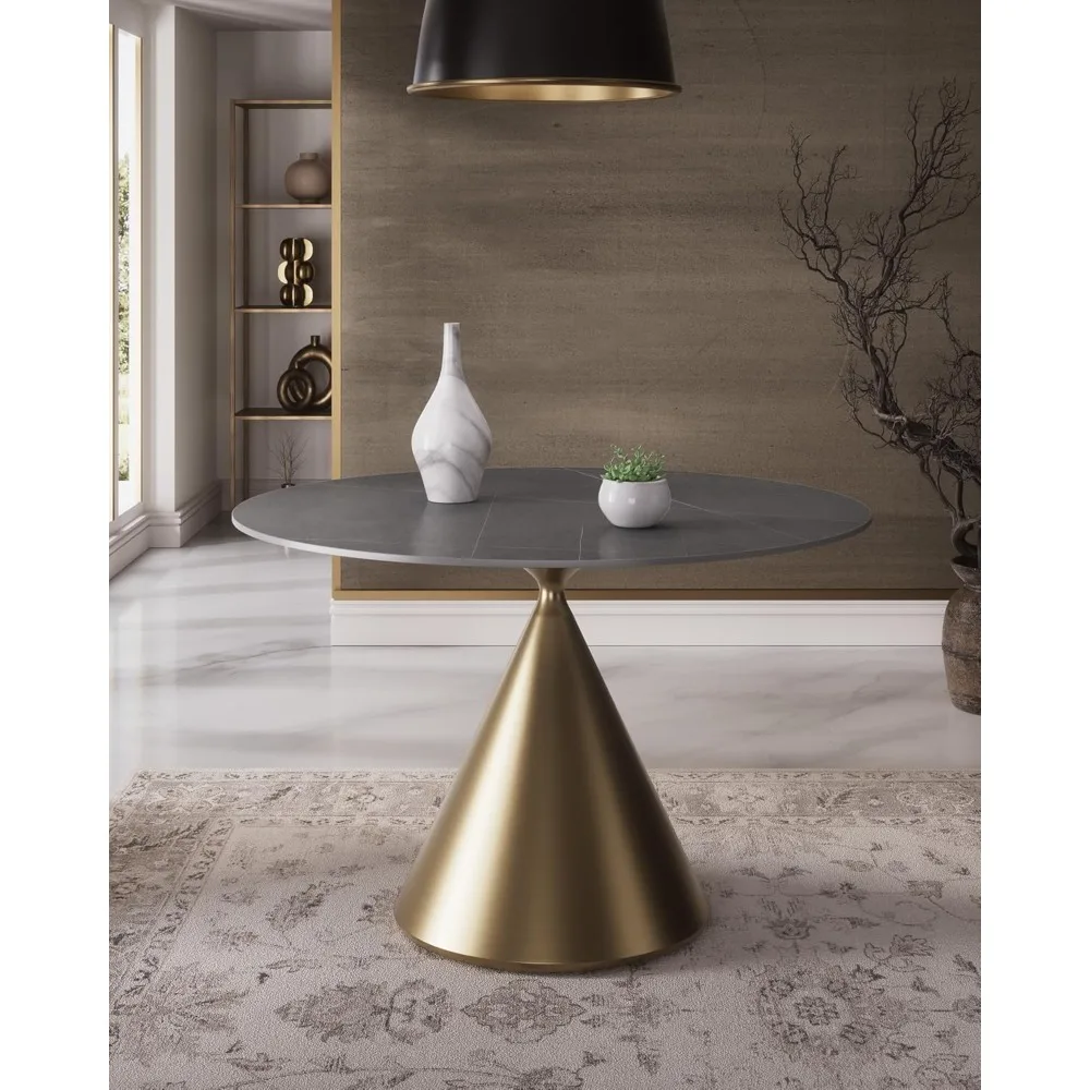 Modern Round Dining Table 47 Inch Grey Circle Faux Marble Top Kitchen Table with Gold Luxury Cone Pedestal(Color: Table-grey)