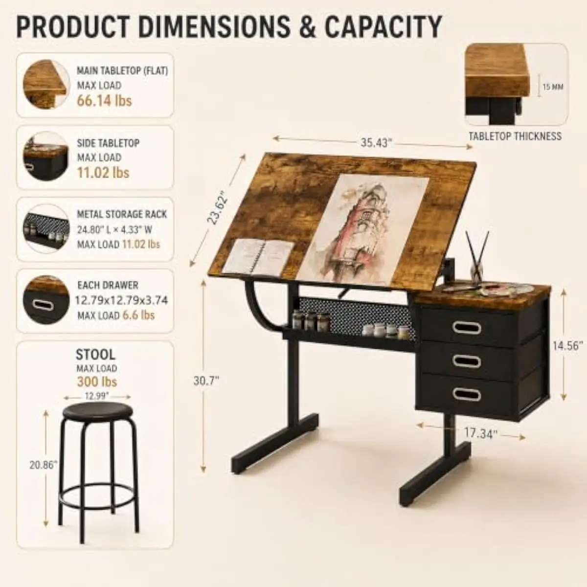 Adjustable Drafting Desk with Tilt Function 0–75 Degrees Black Metal Frame Engineered Wood Top Three Spacious Fabric Drawers Sto