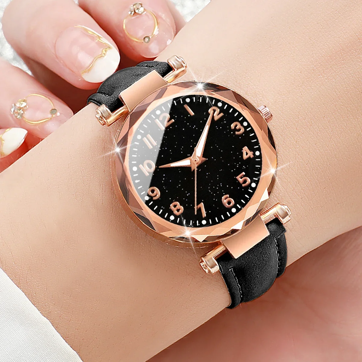 5pçs moda céu estrelado dial relógios femininos simples casual pulseira de couro mulher relógio de quartzo reloj mujer presente