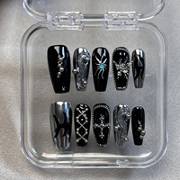 10pcs Punk Style Handmade Fake Nails Y2k Black Sliver Metal Chain Decors Press On Nails Medium Coffin Detachable Manicure Art