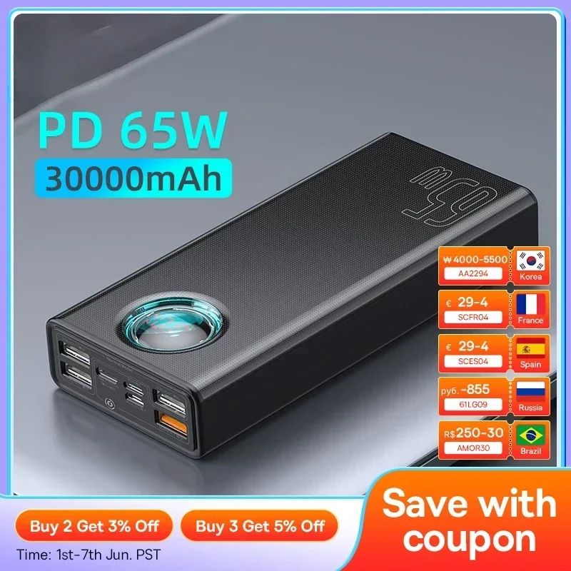 65W Power Bank 30000mAh PD Quick Charge FCP SCP Powerbank Portable External Charger for Smartphone Laptop Tablet