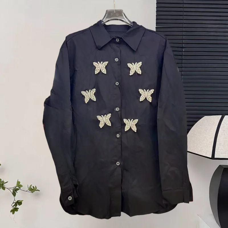 

Осень-зима новая роскошная тяжелая рубашка-блузка большого размера с длинными рукавами и бантом из бисера на пуговицах со стразами