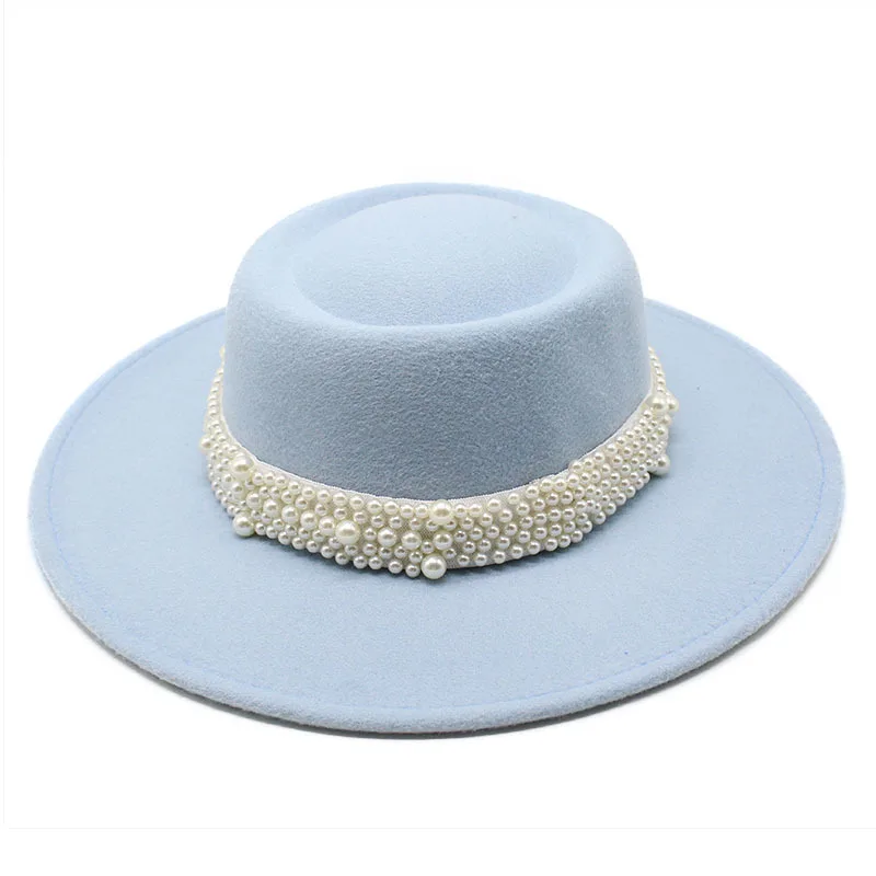 Ring Type Flat Top Wool Felt Big Brim Top Hat Men And Women Concave Convex Top Pearl Fashion Flat Top Woolen Bowler Hat