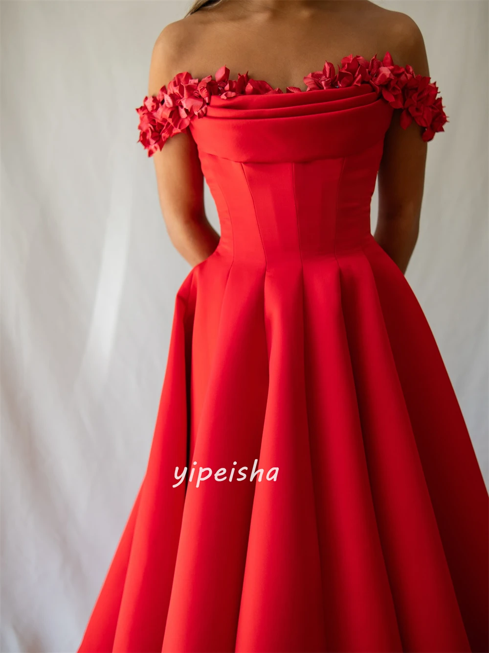 Customized Fashion Classic Jersey Handmade Flower Pleat A-line Off-the-shoulder Long Dresses Bespoke Occasion Dresses Formal