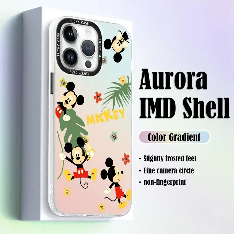 Disney Mickey Minnie Leaves for iPhone 15 14 13 12 11 pro Max XS XR X 7 8 Iridescent Laser Clear Gradient Color Matte Phone Case