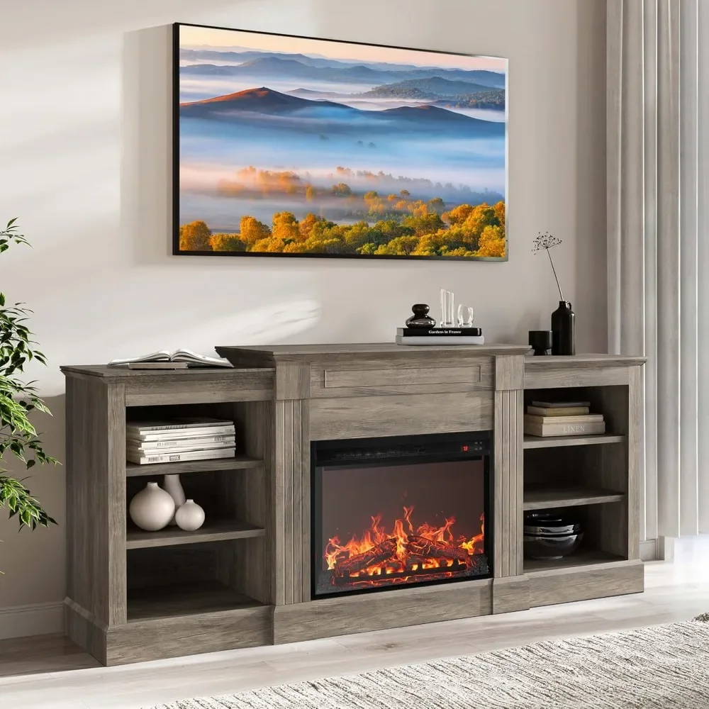 Modern 66" Electric Fireplace Heater Mantel TV Stand & Media Entertainment Center for TVs up to 66" with Energy-Efficient Heater