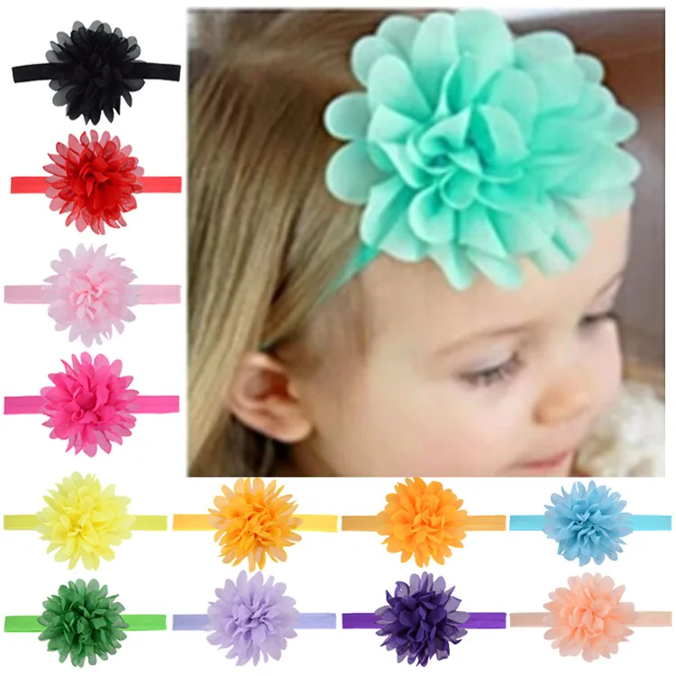 6 Stks/partij Effen Kleur Kunstbloemen Haarband Pasgeboren Baby Chiffon Bloemen Elastische Hoofdband Handgemaakte Hoofddeksels Accessoires