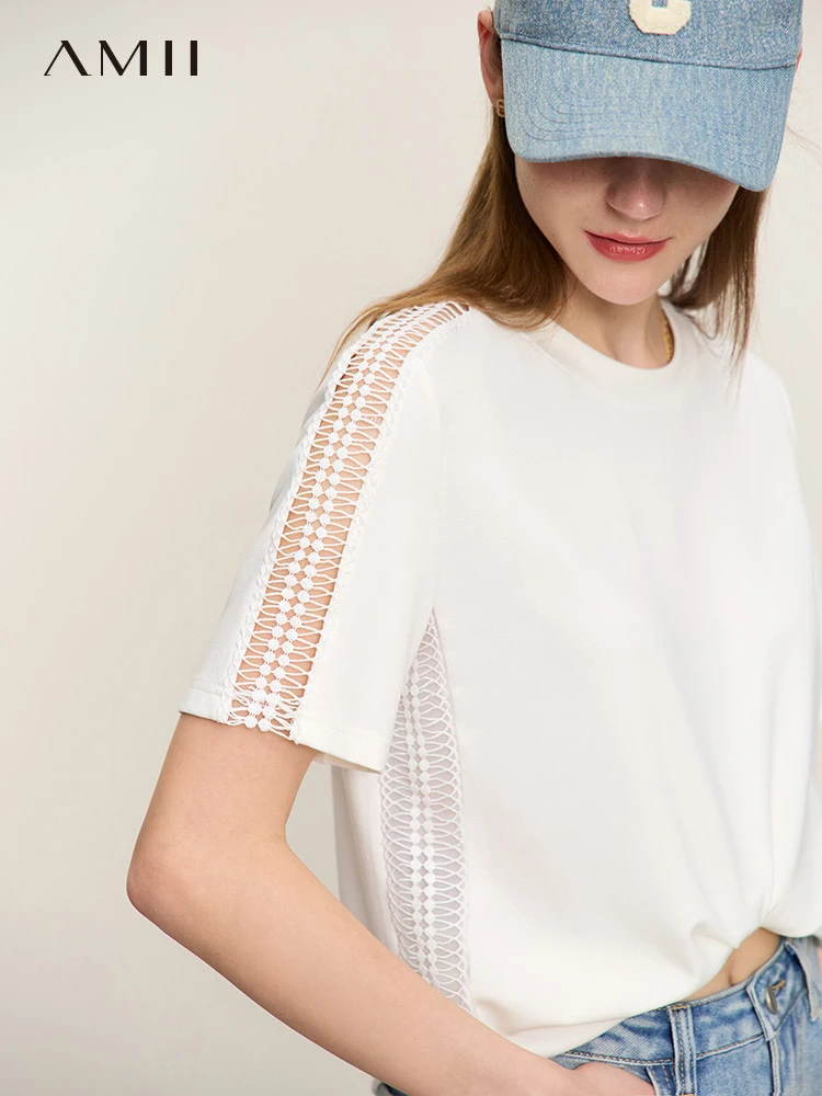 

AMII Minimalism Top Women Straight Hollow Out Patchwork 2023 Summer New Casual Office Lady Short Sleeves Female Tees 12342439